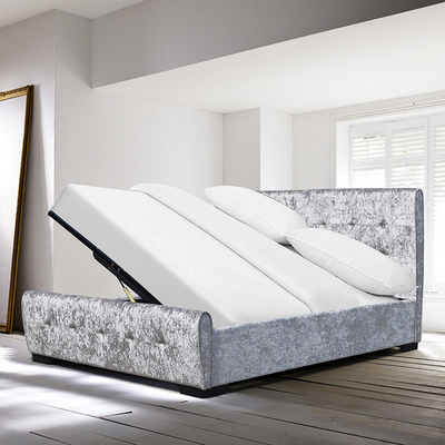 OEM ODM ओपन स्टोरेज बेड Tufted क्रिस्टल बटन सिल्वर क्रश वेलवेट साइड